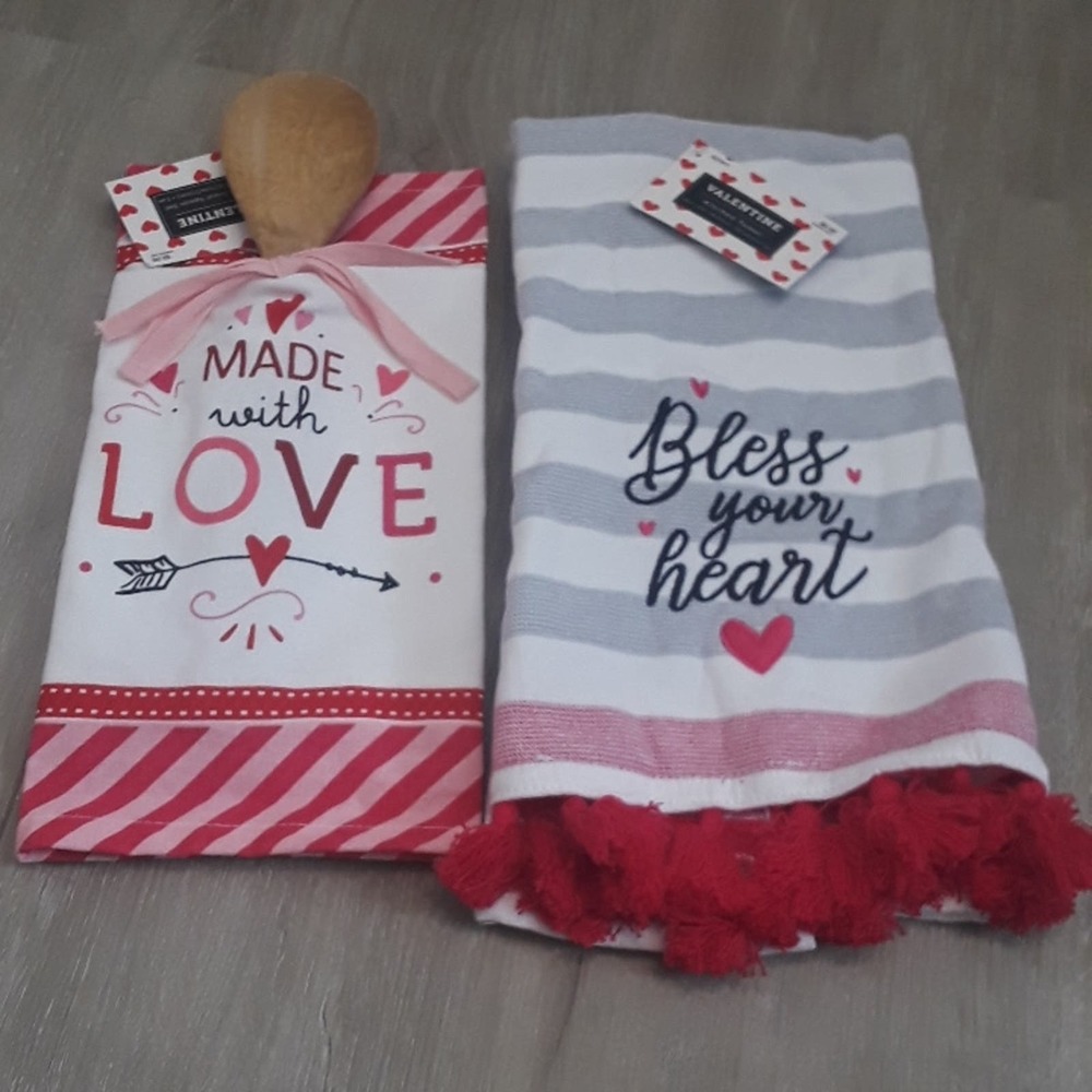 Valentine's day kitchen towel set with wooden spoon, farmhouse cuteness